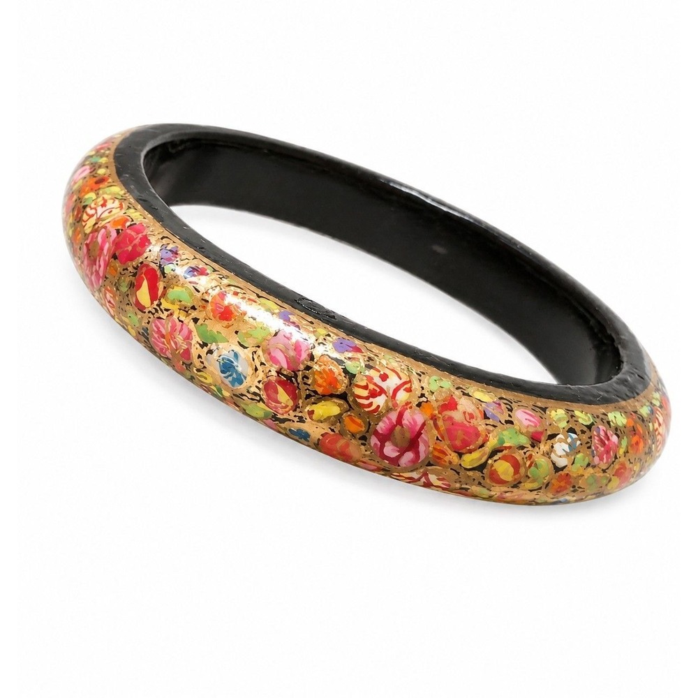 Vintage Russian Lacquer Bangle Bracelet Hand Painted Floral Mid Century Gold